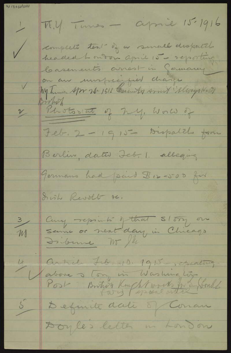 Notes by Joseph McGarrity wth a list of newspaper articles and other sources regarding Roger Casement for the dates 1914-16,