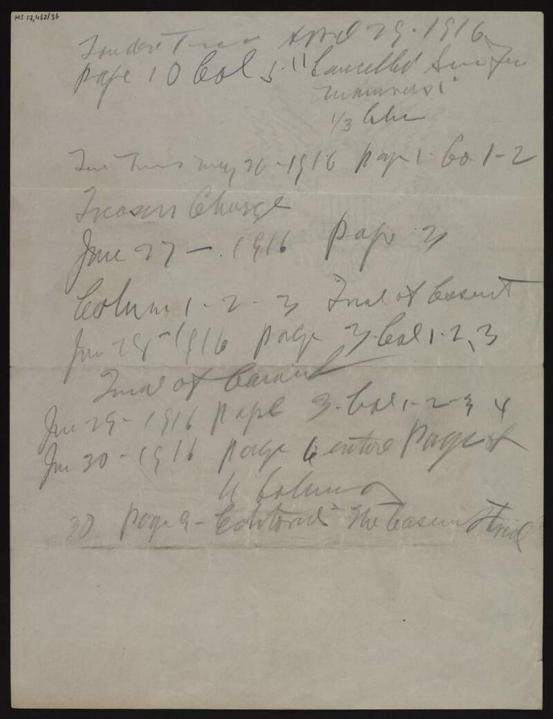 Notes by Joseph McGarrity with a list of dates regarding Roger Casement for 1915-16,
