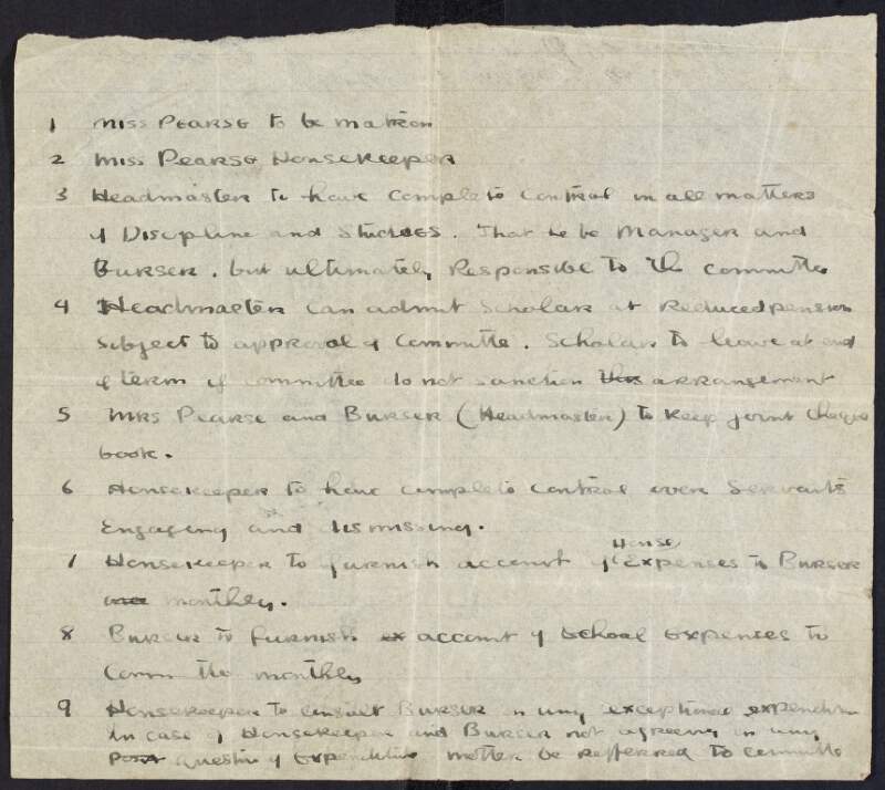 Rules and obligations of the matron and housekeeper (Miss Margaret Pearse), the Headmaster of the school and Mrs. Margaret Pearse,