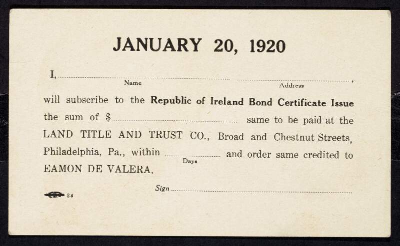 Blank payment card for subscriptions to the Republic of Ireland Bond Certificate Issue,
