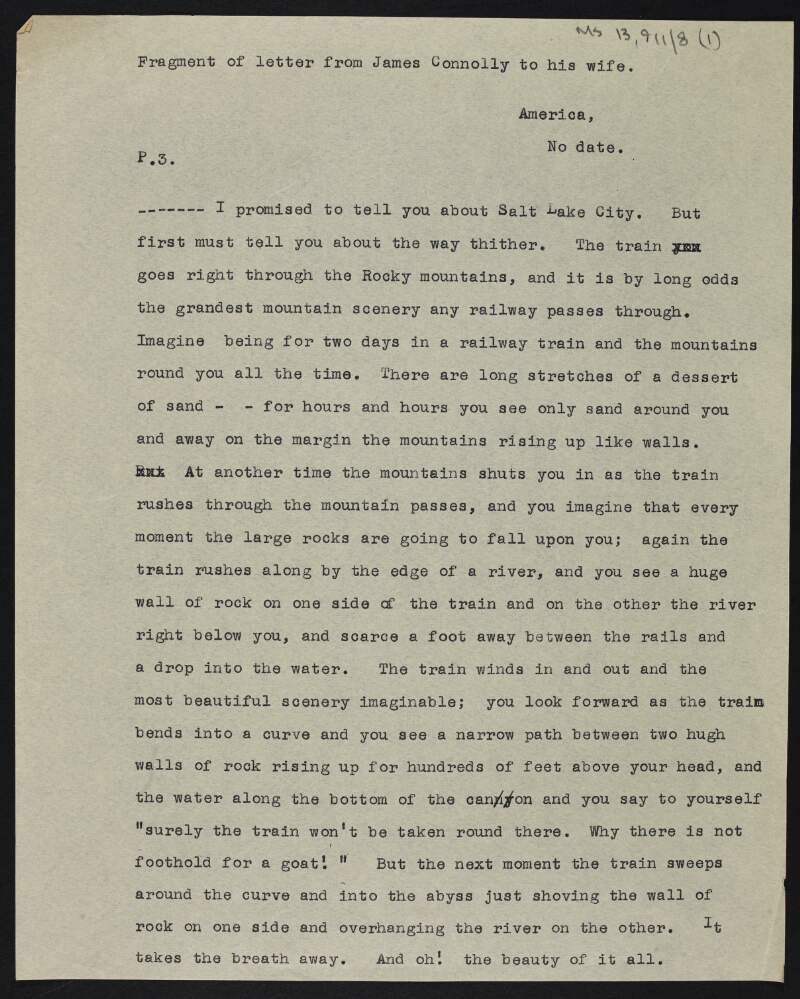Incomplete copy of a letter from James Connolly to Lillie Connolly about a train journey through the Rocky Mountains en-route to Salt Lake City,