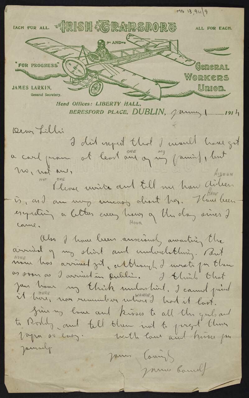 Letter from James Connolly to Lillie Connolly expressing disappointment at not having received a card from his family and concern for his daughter Aideen, and requesting articles of clothing,