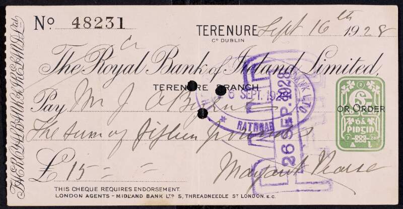 Cheques from Margaret Pearse to James J. O'Byrne from her account with the Royal Bank of Ireland, Limited,