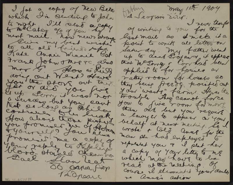 Letter from Patrick McCartan to Joseph McGarrity concerning the building of cottages on McGarrity's land in Co. Tyrone,