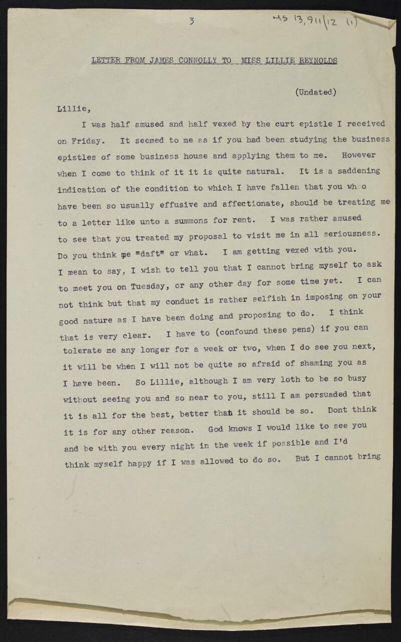 Copy of letter from James Connolly to Lillie Connolly explaining why he cannot see her for a while and hoping that his fortunes will improve,