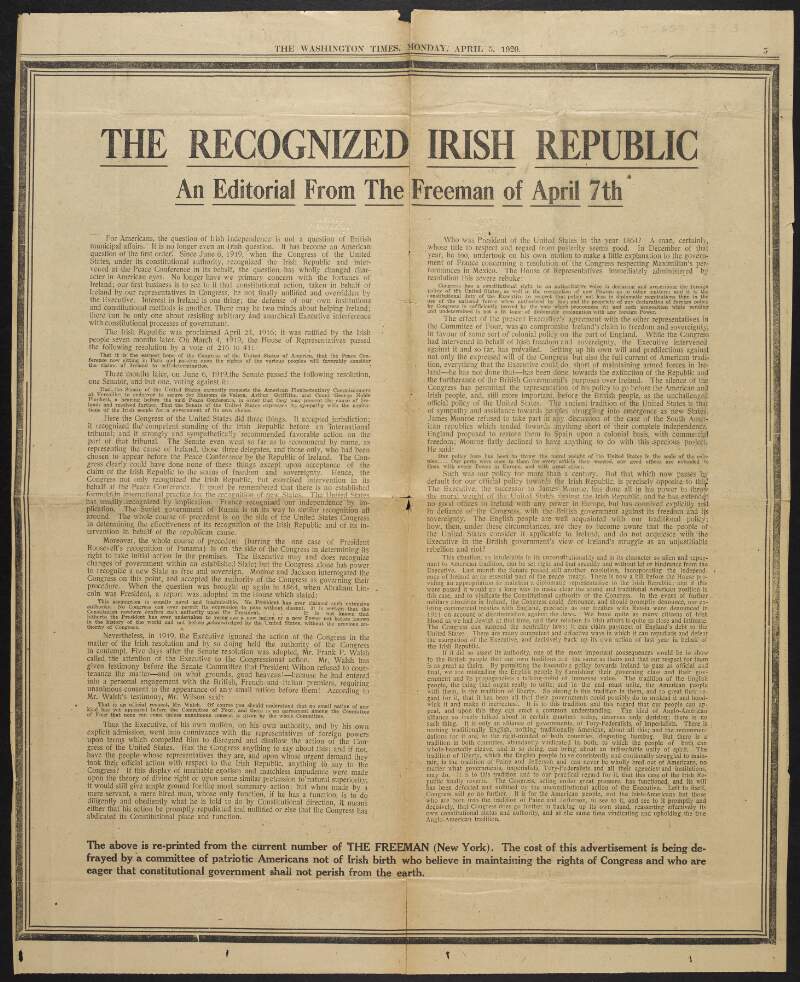 Newspaper article from 'The Washington Times' titled 'The Recognized Irish Republic - An Editorial from the Freeman of April 7th',