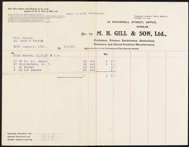 Invoice from M. H. Gill & Son to Margaret Pearse to the amount of £0-2-8,