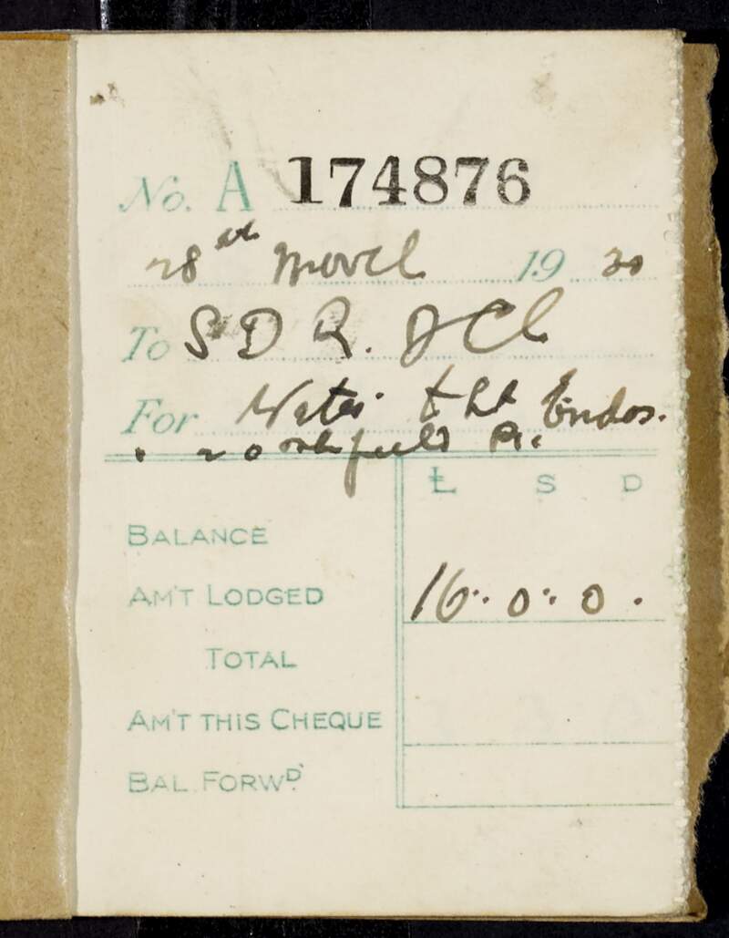 Cheque stub book for Margaret Pearse's account with the Munster and Leinster Bank,