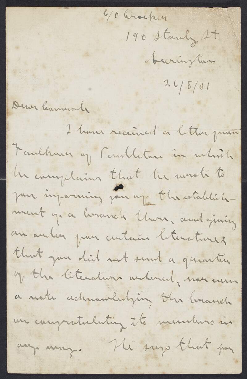 Letter from James Connolly [to Murtagh Lyng] asking him to contact the new Pendleton branch in relation to a complaint,