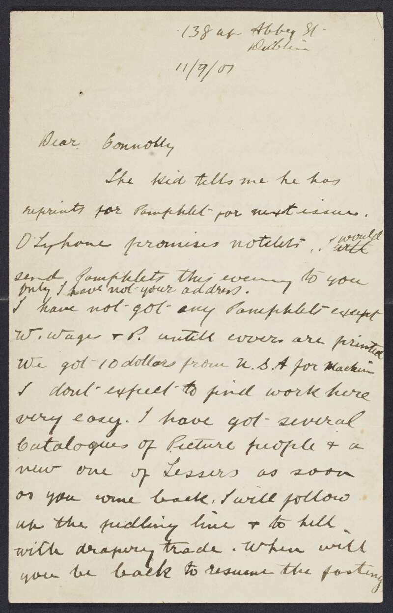 Letter from Thomas T. Lyng to James Connolly about pamphlets and giving news of a recent meeting in Dublin,