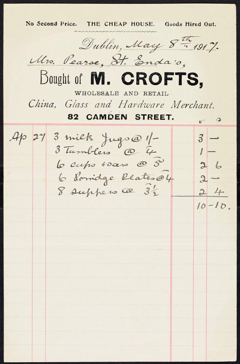 Invoice from M. Crofts, wholesale & retail merchants of china, glass and hardware, to Margaret Pearse to the amount of £0-10-10,