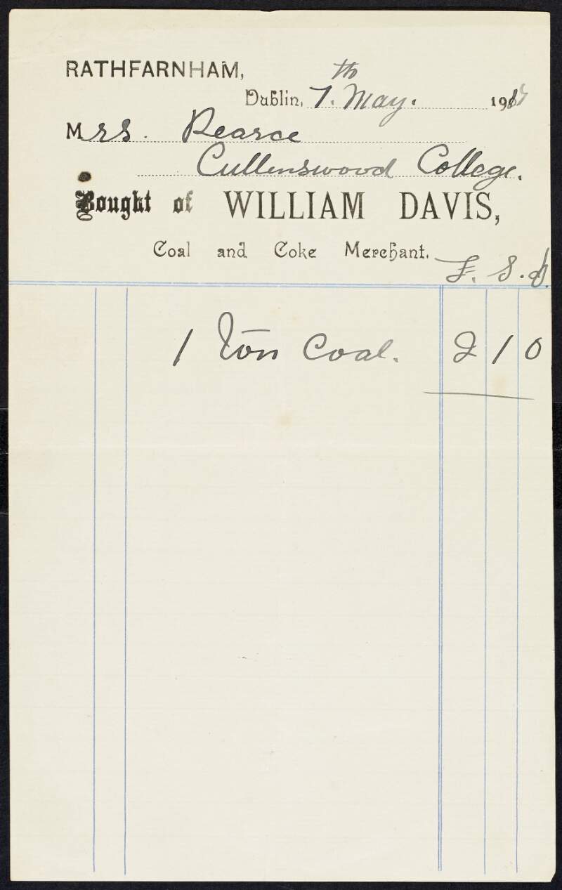 Invoice from William Davis, Coal and Coke Merchant, to Margaret Pearse to the amount of £2-1-0,
