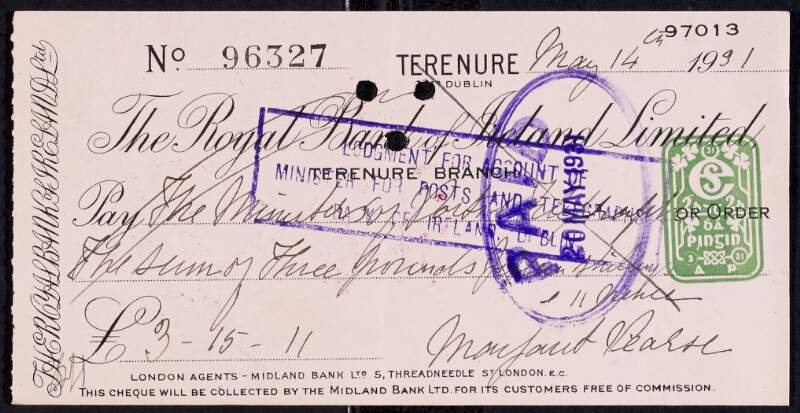 Cheques of Margaret Pearse from her account with the Royal Bank of Ireland, Limited,