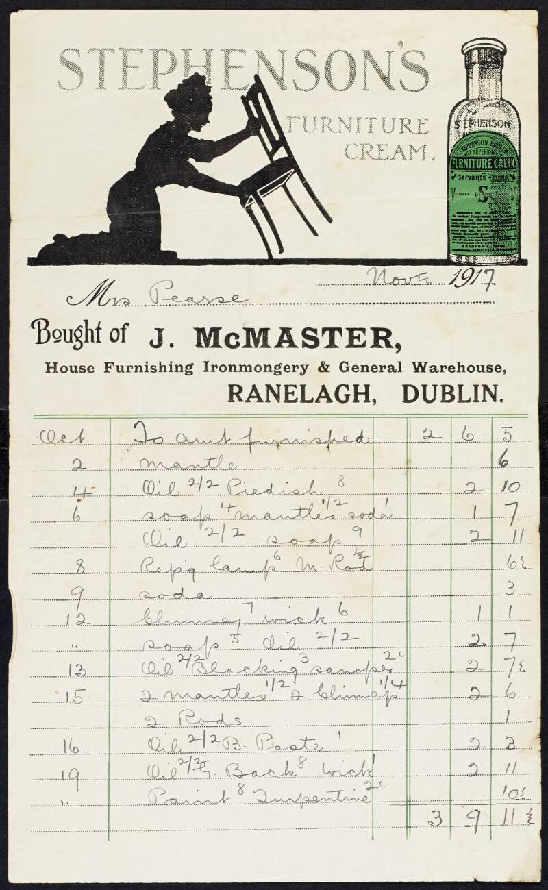 Invoice from John McMaster to Margaret Pearse to the amount of £3-9-11,