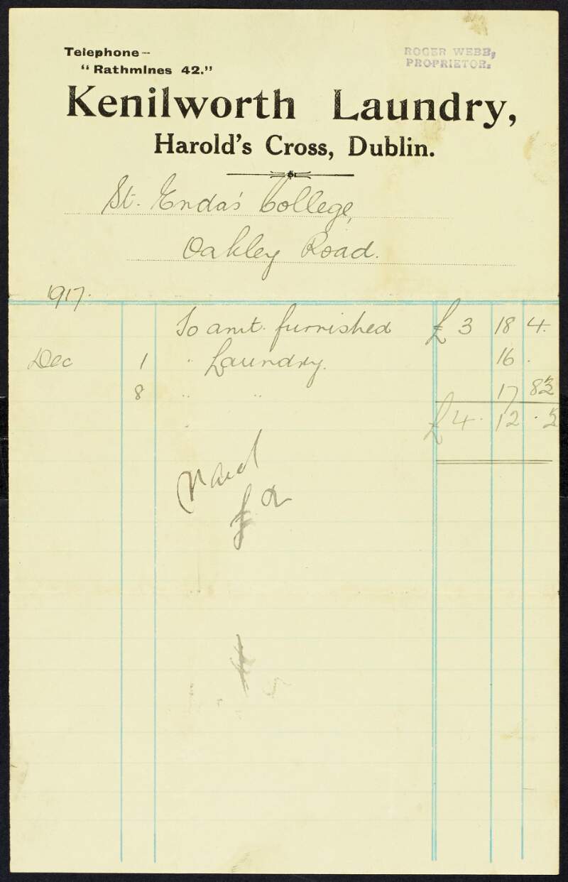 Receipt from the Kenilworth Laundry to Margaret Pearse for payment to the amount of £4-12-1/2,