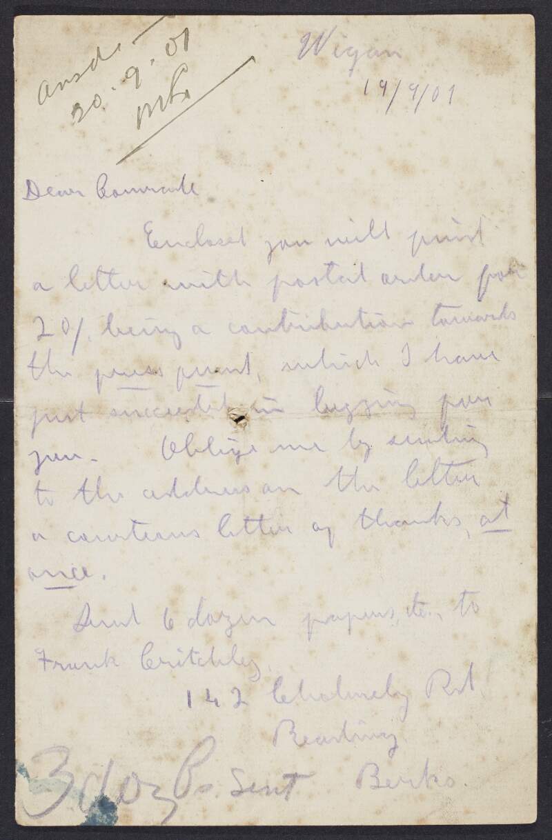 Letter from James Connolly [to Murtagh Lyng] about pamphlets and asking him to try to arrange for Connolly to lecture in London,