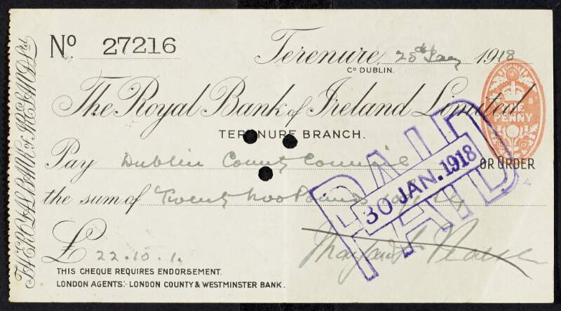 Cheque from Margaret Pearse to Dublin County Council for the amount of £22-10-1,