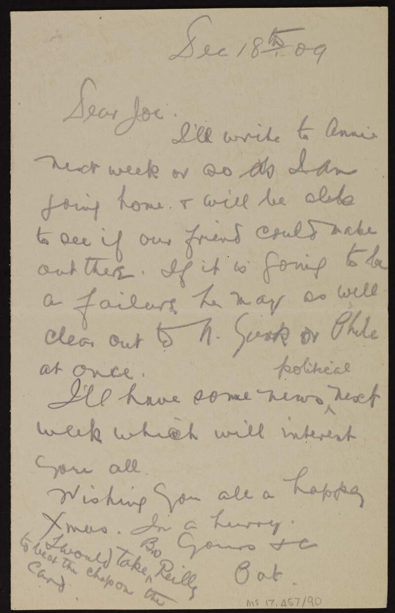 Letter from Patrick McCartan to Joseph McGarrity regarding Bulmer Hobson's attempt at starting a farm,