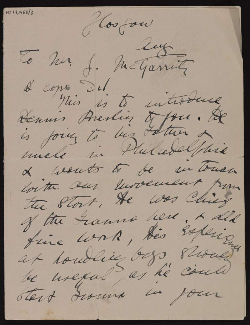Letter of introduction from Countess Markievicz to Joseph McGarrity for Denis Breslin,