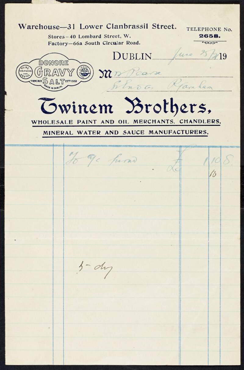 Invoice from the Twinem Brothers to Margaret Pearse to the amount of £1-10-8,