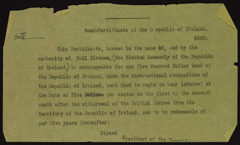 Copy draft of certificate and notes relating to the administration of the "Irish Liberty Loan Drive" addressed to Joseph McGarrity,