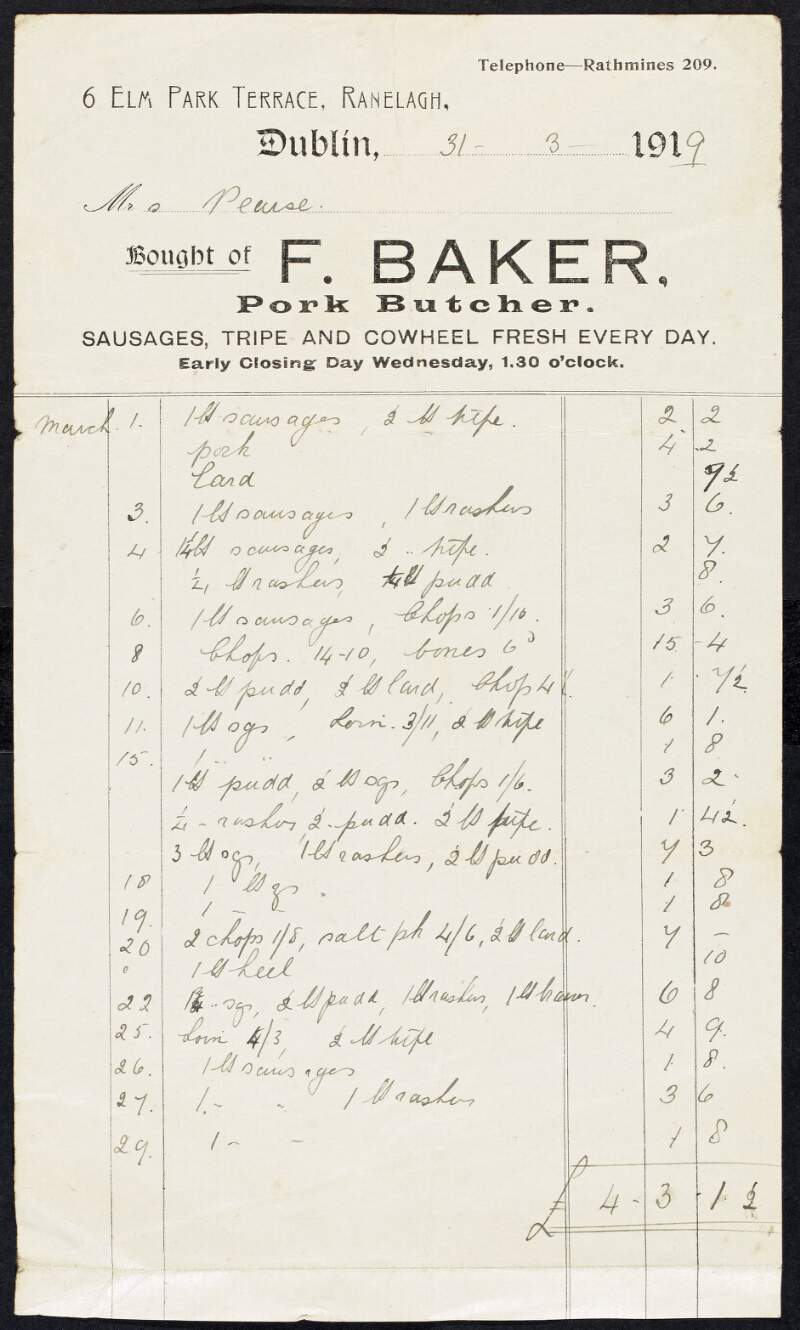 Invoice from F. Baker, Pork Butcher, to Margaret Pearse to the amount of £4-3-1 & 1/2,