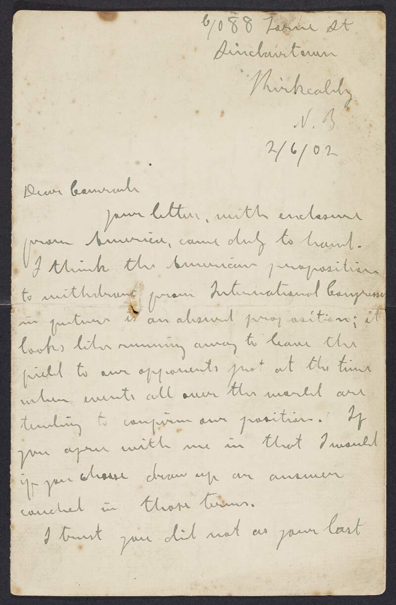 Letter from James Connolly to an unidentified recipient about Dublin addresses at which Connolly may be registered to vote, gas meter money, and his tour of the United States,