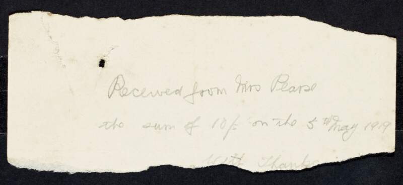 Note of receipt from unknown author to Margaret Pearse for payment to the amount of £10-0-0,