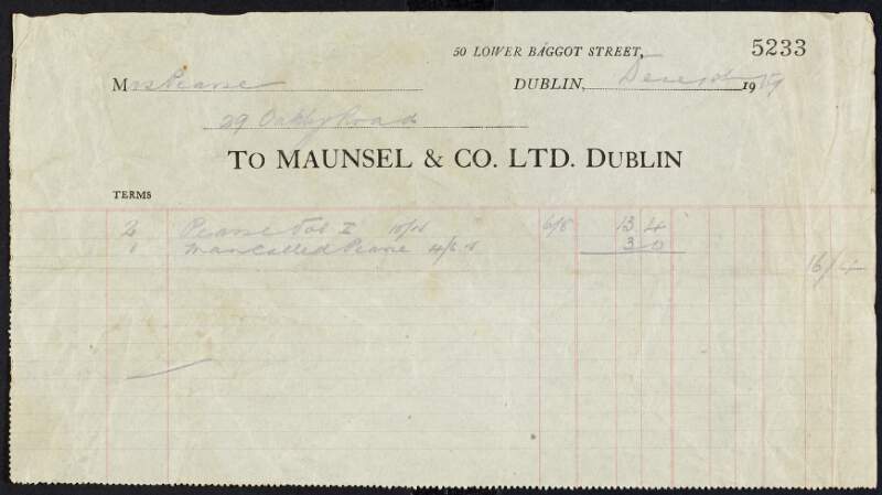 Invoice from Maunsel & Company Ltd. to Margaret Pearse to the amount of £0-16-4,