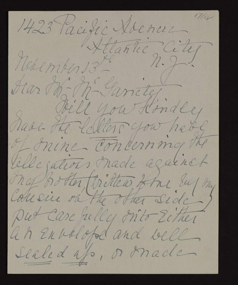 Letter from Agnes Newman to Joseph McGarrity asking him to give the letters relating to allegations made against Roger Casement to Michael F. Doyle for safe keeping until they can be collected,