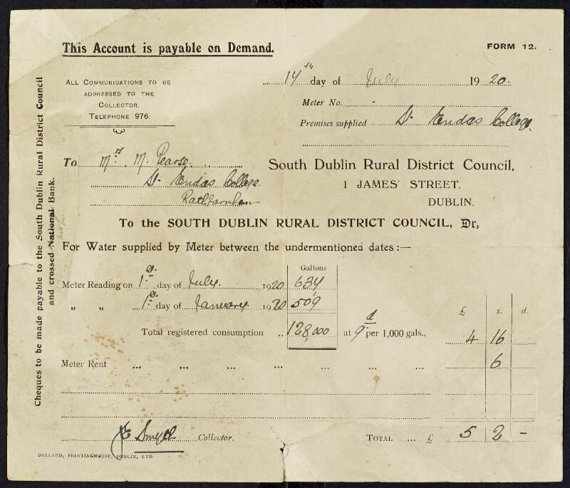Invoice for water rates from the South Dublin Rural District Council to Margaret Pearse to the amount of £5-2-0,