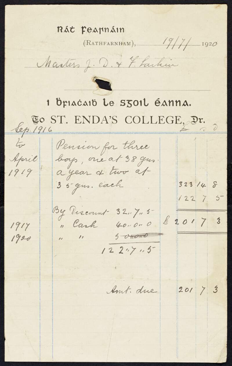 Invoice from St. Enda's School to Masters J. D. & F. Larkin for their school fees to the amount of £201-7-3,