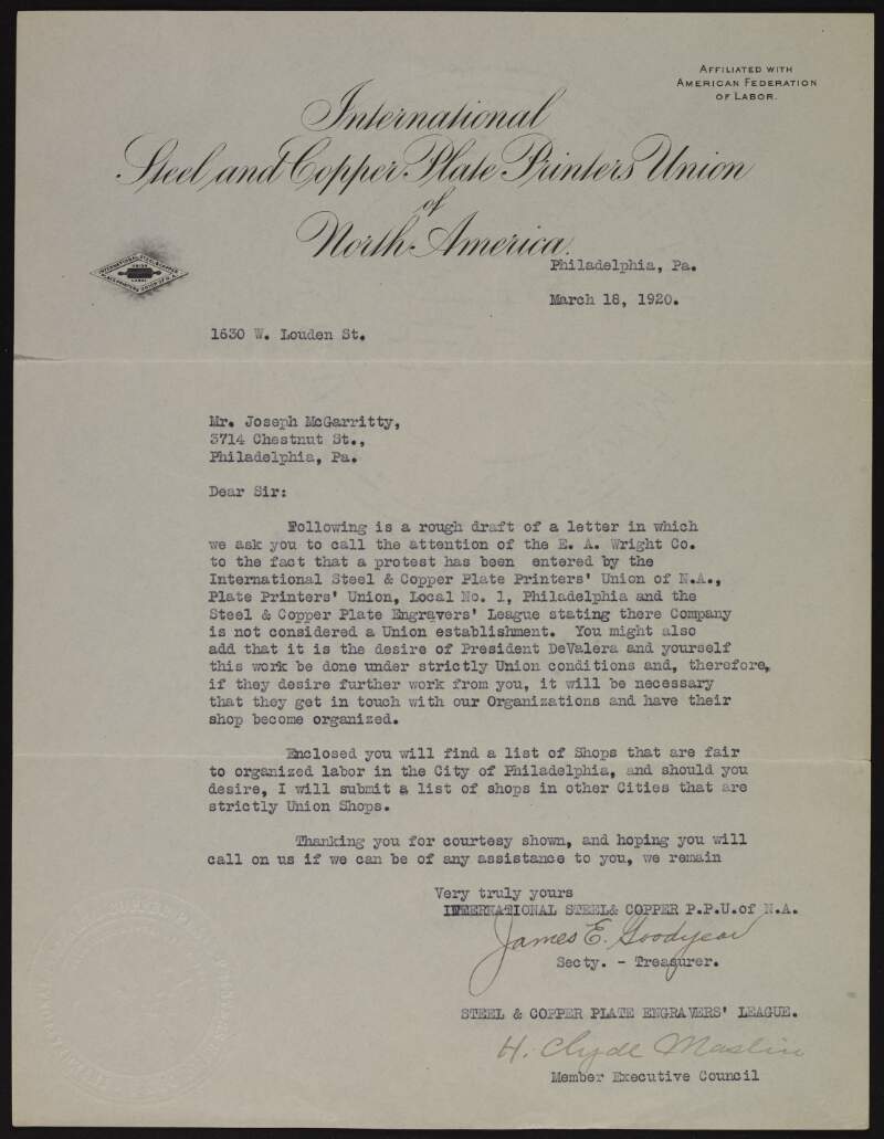 Letter from the International Steel and Copper Plate Printers Union of North America to Joseph McGarrity advising him of a protest launched by them against the E. A. Wright Company for the use of non-union labour,