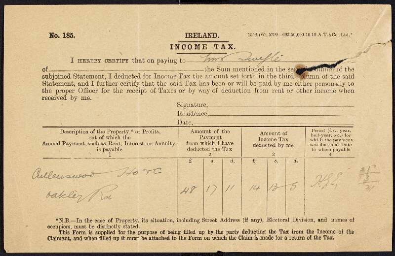 Incomplete income tax certificate of Cullenswood House to be paid in part to Mrs Swifte to the amount of £14-13-5 and the remaining to the income tax office to the amount of £48-17-1,
