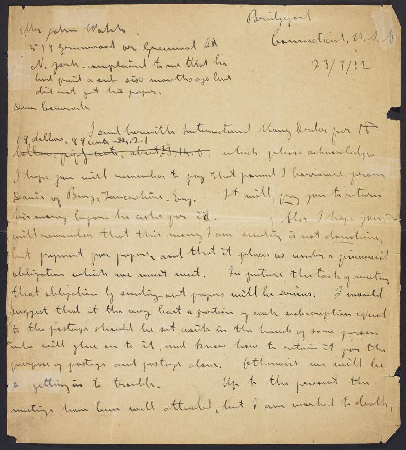 Letter from James Connolly [to the Secretary, Irish Socialist Republican Party] enclosing money for papers and giving details about his tour of the United States,