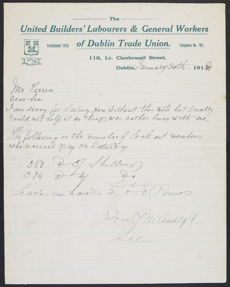 Letter from Thomas McCullagh, secretary of the United Builders' Labourers and General Workers of Dublin Trade Union, to William O'Brien of the Strike Committee of the Dublin Council of Trade Unions, providing a weekly update of lock out pay to its members,