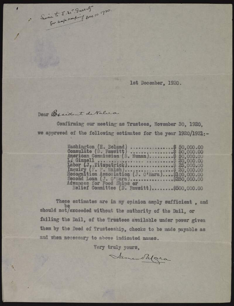 Copy letter from James O'Mara to Éamon De Valera confirming fundraising estimates for the United States for the years 1920/1921 agreed to at a trustees meeting,