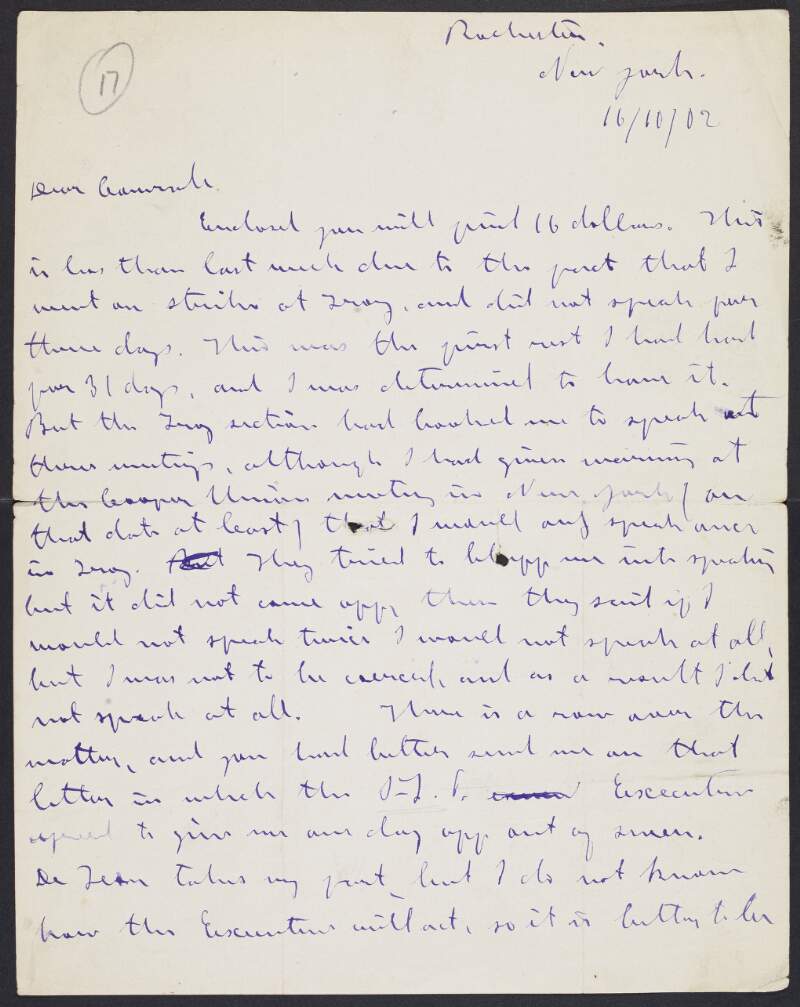 Letter from James Connolly to an unnamed recipient about a row in Troy, New York over the number of nights on which Connolly would speak, and contrasting the Socialist Labour Party and the Social Democratic Federation,
