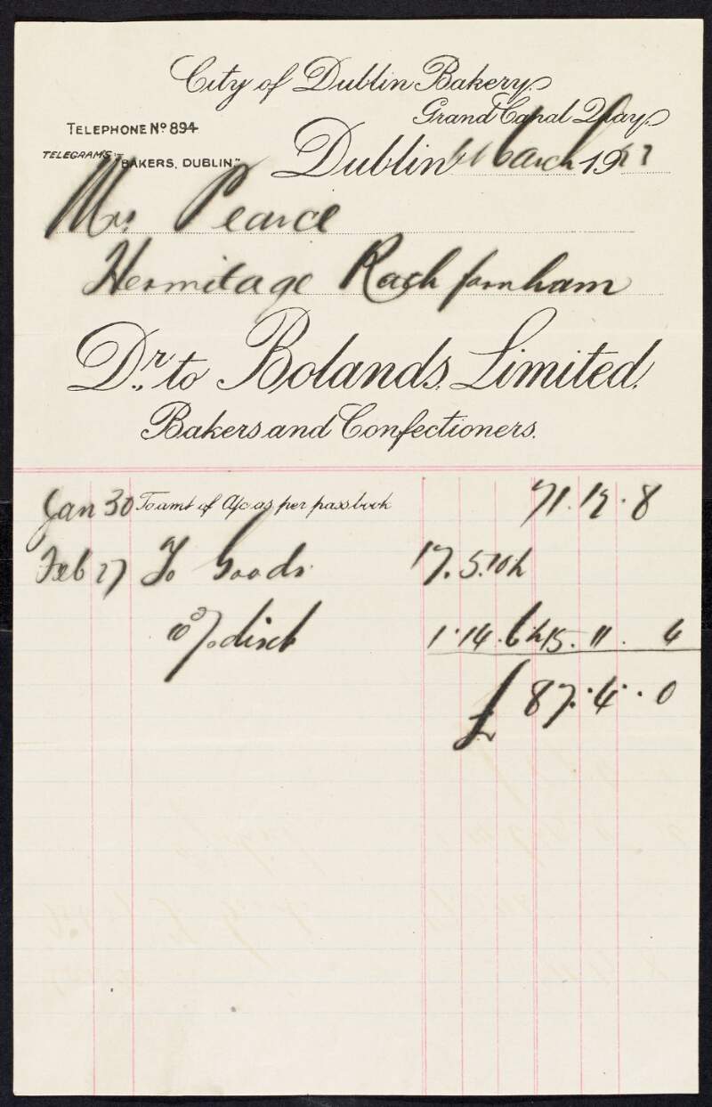 Invoice from Bolands Bakers Limited to Margaret Pearse for the amount of £87-4-0,