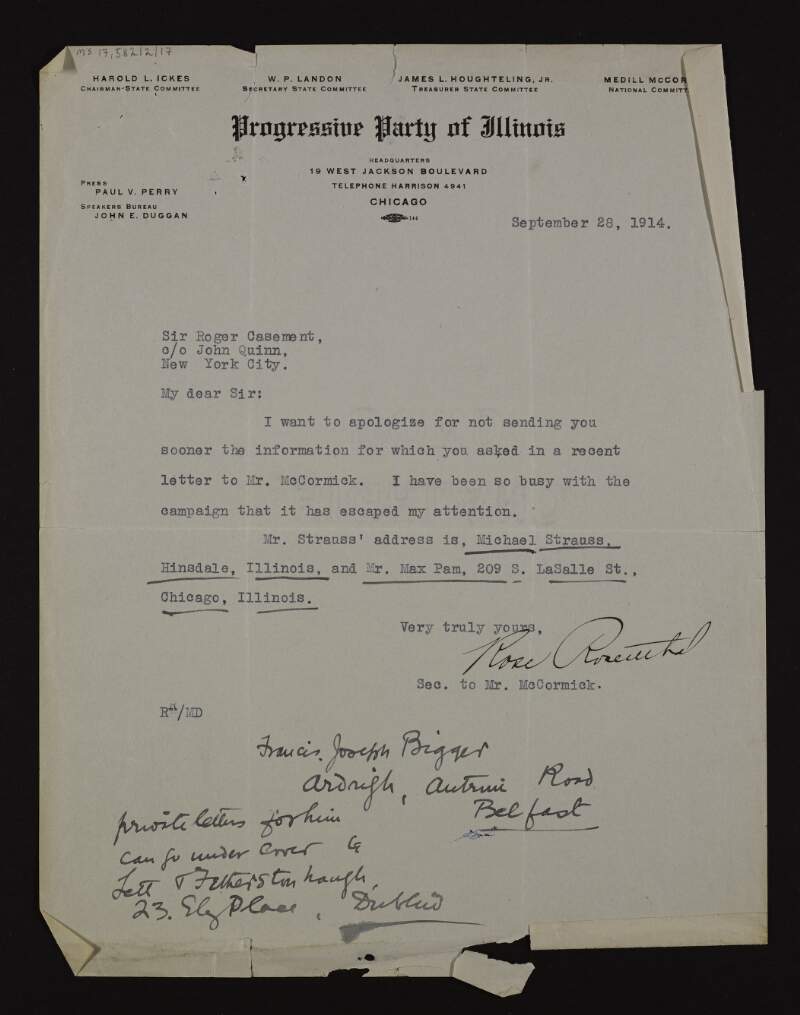 Letter from Medill McCormick's secretary to Roger Casement providing him with the information he requested and apologises for not sending it sooner,