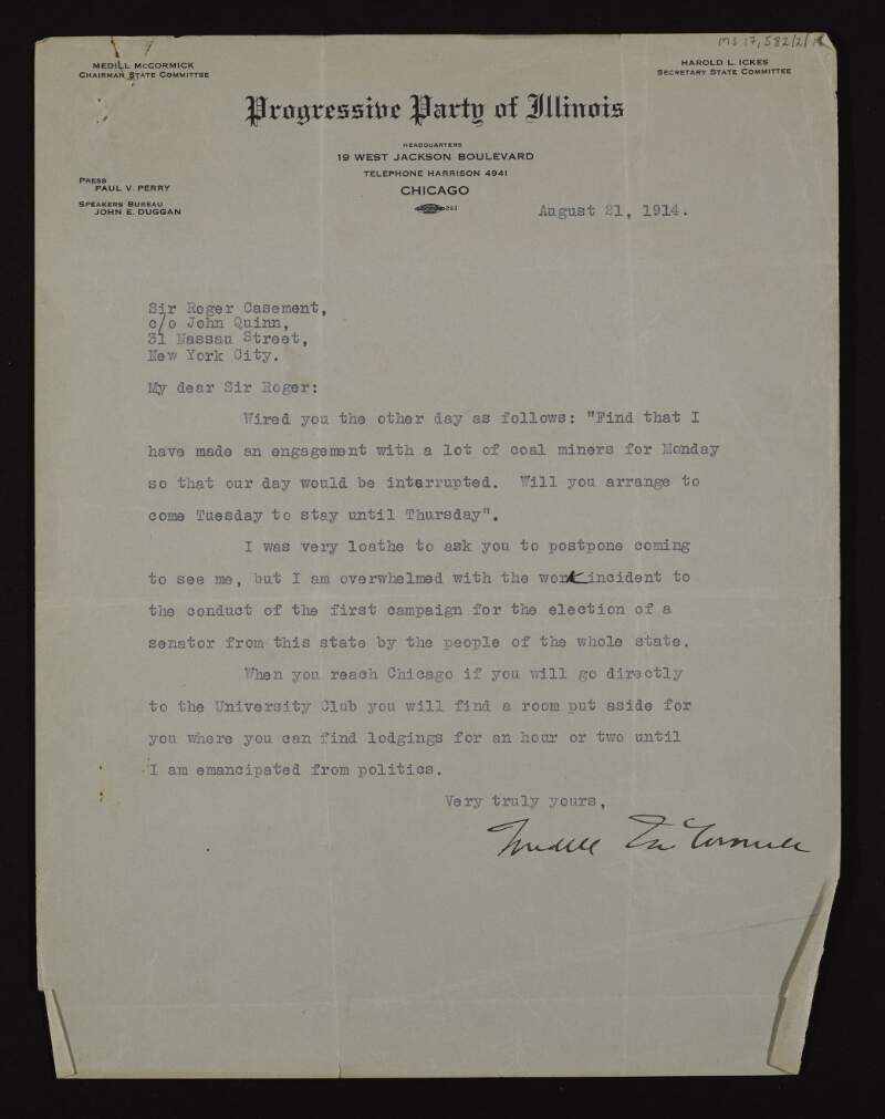 Letter from Medill McCormick to Roger Casement asking him to go the University Club when he reaches Chicago where he will meet him after he is "emancipated from politics",