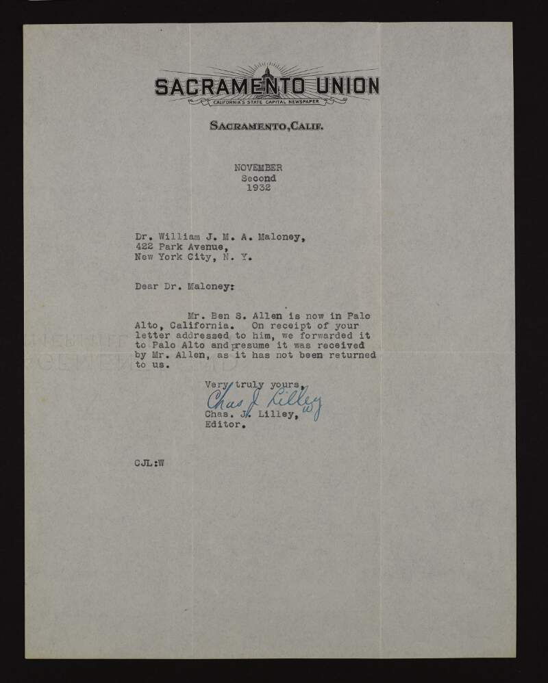 Letter from Charles J. Lilley to William J. Maloney informing him that Benjamin Shannon Allen is now in Palo Alto, California,