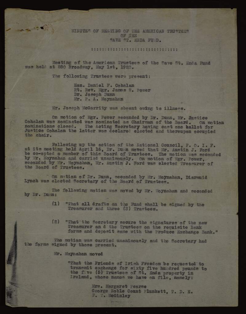 Minutes of a meeting of the American Trustees of the Save St. Enda's Fund with resolutions relating to the purchase of St. Enda's School as a memorial and provision for Margaret Pearse and her daughters,