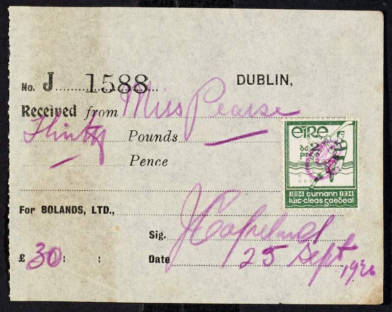 Receipt stub from Bolands Bakers, Ltd., for payment by Margaret Pearse to the amount of £30-0-0,