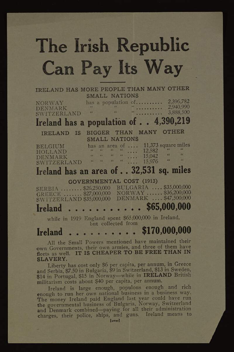 Leaflet produced by the Friends of Irish Freedom titled 'The Irish Republic Can Pay Its Way' giving details of the economic situation of Ireland,