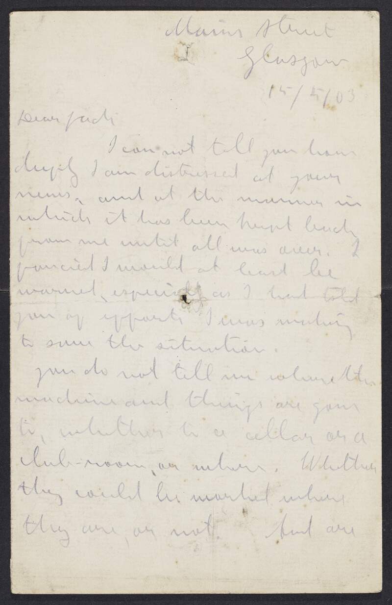 Letter from James Connolly to "Jack" [John J. Lyng] expressing shock at news from Ireland and asking "is the party dead",