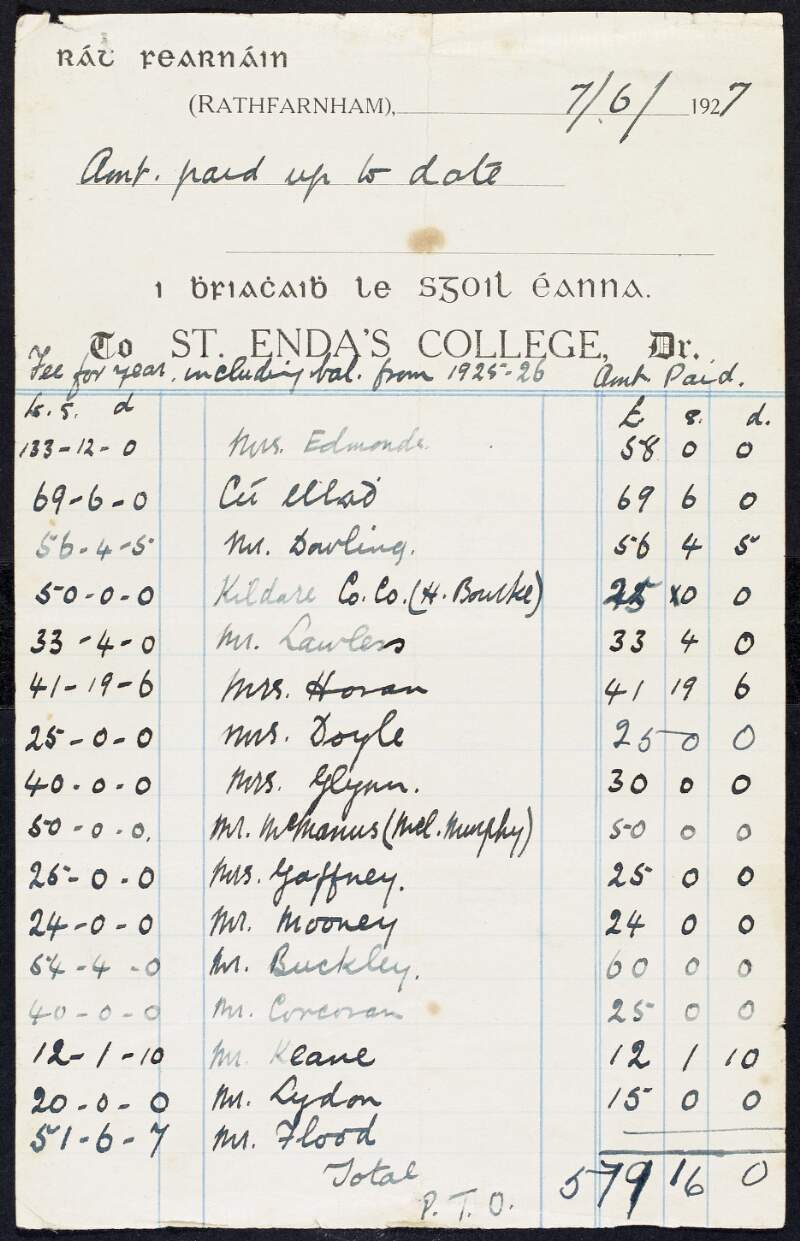 Accounts of fees paid to St. Enda's School for the year of 1927 including the balance from 1925-1926,