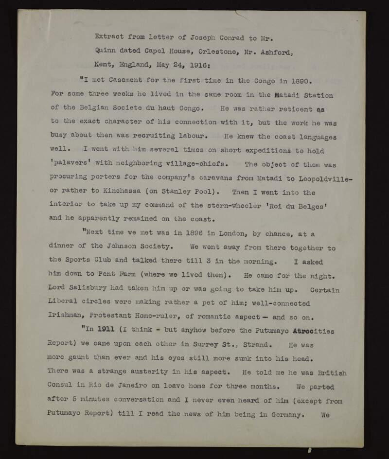 Letter from Joseph Conrad to [John] Quinn regarding his encounters with Roger Casement in the Congo and London,