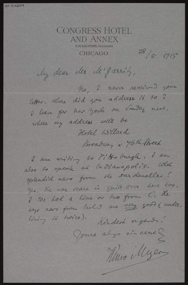 Letter from Kuno Meyer to Joseph McGarrity, celebrating the "splendid news from Dardanelles [as part of World War I]" and how he received a "a line or two from C. [Roger Casement?]",
