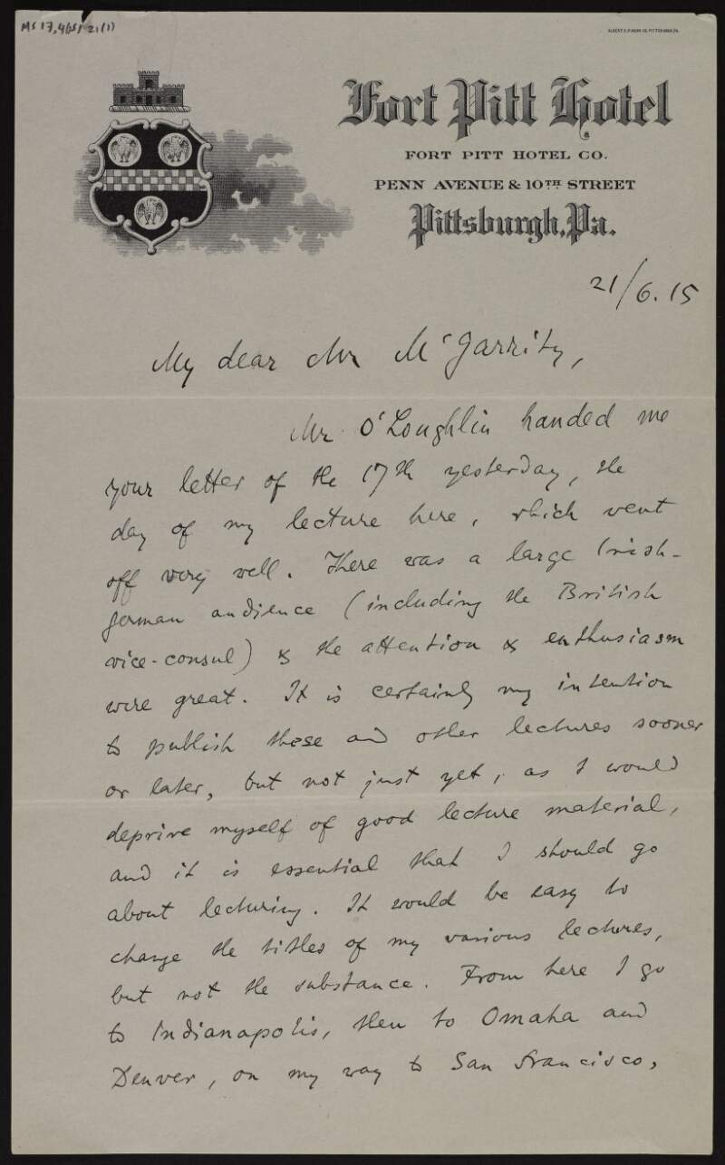 Letter from Kuno Meyer to Joseph McGarrity about how well his meeting went with a large Irish-German audience including the British vice-consul, and his intention to publish his lectures sooner or later but not yet as that would deprive himself of good lecture material, with a mention of a "Casement sketch" whose author Kuno Meyer does not know,